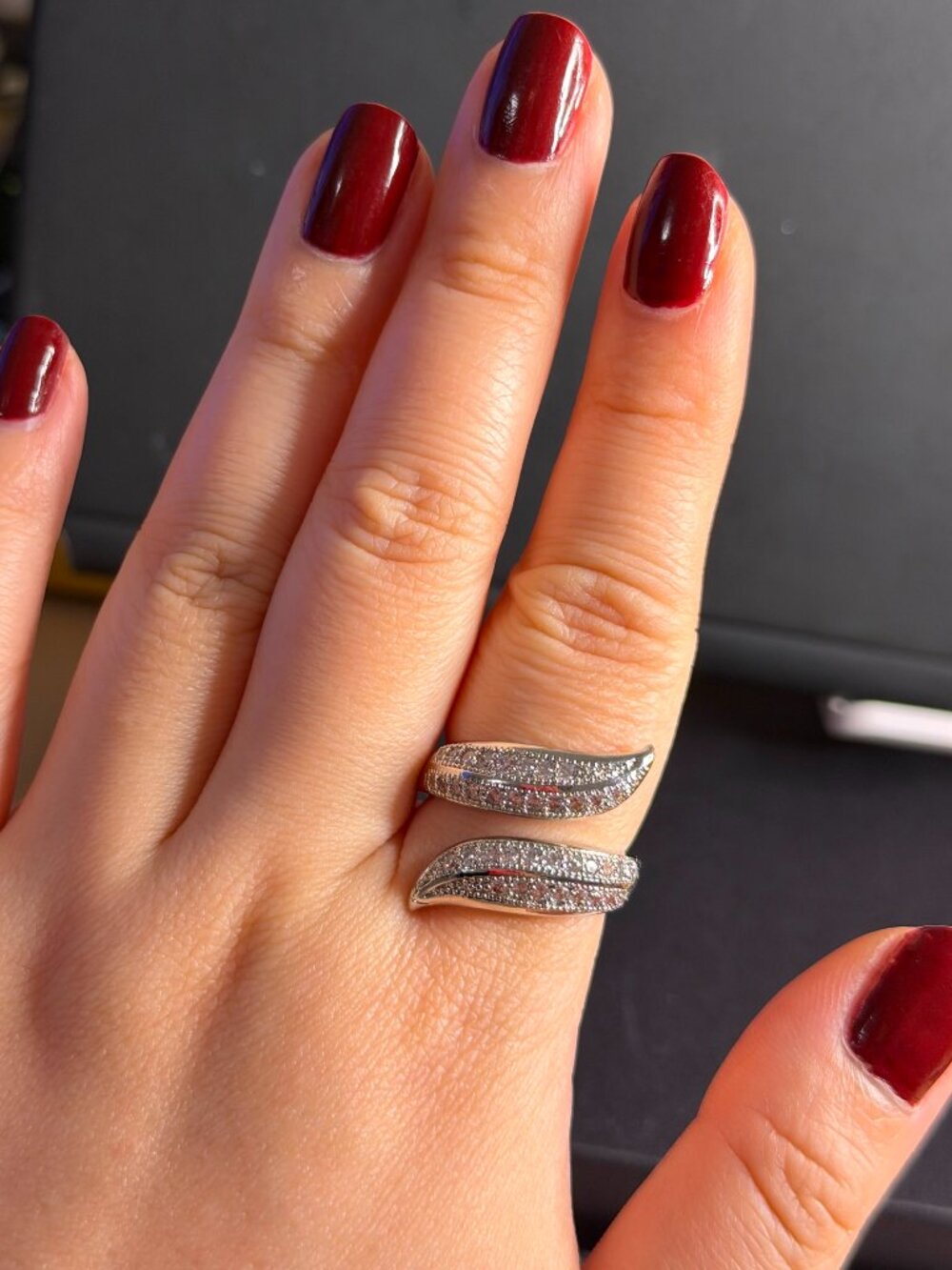 Silver Double Leaf Ring Glam | Pavé Crystal Bypass Statement Ring